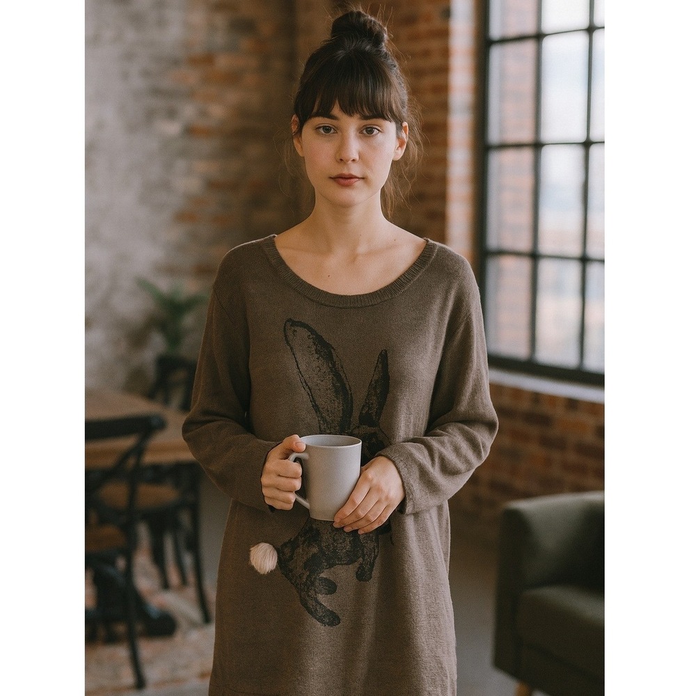 Joe Browns Taupe Knit Sweater Dress Long Sleeve Bunny Print Rabbit Tail Women